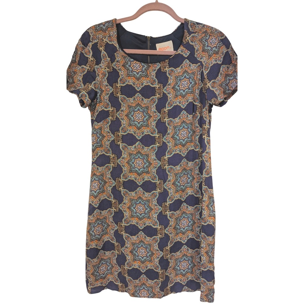 Moon Medallion Tile Print Shift‎ Mini Dress M Navy Blue Orange Boho Retro Mod